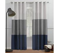 Exclusive Home Curtains Paire de Rideaux à œillets en Soie synthétique rayée, 100% Polyester, Bleu Marine/Gris, 137,2 x 213,4 cm