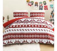 Exclusivo Mezcla Couette de Noël sans Housse, Chaude et Douce, Édredon matelassé avec 2 Housses de Coussin, Design Rayé Rouge, avec Rennes et Flocons de Neige, 220x230 cm