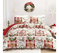 Exclusivo Mezcla Couette de Noël sans Housse, Chaude et Douce, Édredon matelassé avec 2 Housses de Coussin, Design Patchwork Rouge, avec Rennes et Couronnes Imprimés, 200x200 cm