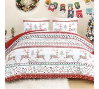 Exclusivo Mezcla Couette de Noël sans Housse, Chaude et Douce, Édredon matelassé avec 2 Housses de Coussin, Design Rayé Rouge, avec Fleurs et Rennes, 200x200 cm