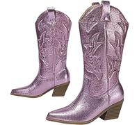 EXECAB Bottes de Cow-Girl pour Femmes Talon épais Paillettes Bottes Western brodées métalliques Scintillantes Bottes de Cow-Boy à Mollet Large Vintage,Rose,39 EU