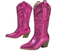 EXECAB Bottes de Cow-Girl pour Femmes Talon épais Paillettes Bottes Western brodées métalliques Scintillantes Bottes de Cow-Boy à Mollet Large Vintage,Violet,39 EU