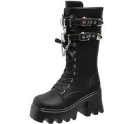 EXECAB Bottines Femme PU Goth Punk Plates-Formes compensées à Lacets Bottines Automne Hiver Automne Hiver Bottes de Combat Bottes de Motard Bottes Militaires,Noir,35 EU