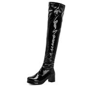 EXECAB Cuissardes pour Femmes Sexy Fermeture éclair latérale en Cuir Verni Bout carré Noir Plate-Forme Bottes Femmes Bottes Hautes pour fête Bal,Noir,44 EU