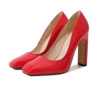 EXECAB Femmes Cuir Verni Confort Talon Haut carré Bout fermé Pompes Bride à la Cheville Bloc Talon sans Lacet Chaussures habillées de soirée,Rouge,39