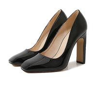 EXECAB Femmes Cuir Verni Confort Talon Haut carré Bout fermé Pompes Bride à la Cheville Bloc Talon sans Lacet Chaussures habillées de soirée,Noir,38