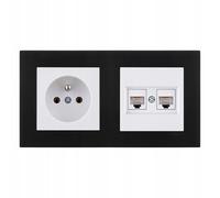EXEN Ensemble Complet Prise Murale Simple avec Terre Type E 16A 250V Blanche + Prise Informatique Double RJ45 Cat.6 avec Cadre Double KARELL Noir - All-in-One