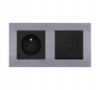 EXEN Ensemble Complet Prise Murale Simple avec Terre Type E 16A 250V + Interrupteur pour Volets Roulants à Trois Positions Noir avec Cadre Double COMFORT Acier - All-in-One