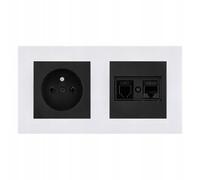 EXEN Ensemble Complet Prise Murale Simple avec Terre Type E 16A 250V Noire + Prise Informatique 1x RJ45 Cat.6 etTéléphonique 1x RJ11 Noire avec Cadre Double KARELL Blanc - All-in-One