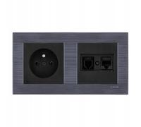 EXEN Ensemble Complet Prise Murale Simple avec Terre Type E 16A 250V Noire + Prise Informatique 1x RJ45 Cat.6 et Téléphonique 1x RJ11 Noire avec Cadre Double COMFORT Gris Magnétique - All-in-One