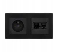 EXEN Ensemble Complet Prise Murale Simple avec Terre Type E 16A 250V Noire + Prise Informatique 1x RJ45 Cat.6 et Téléphonique 1x RJ11 Noire avec Cadre Double KARELL Noir - All-in-One