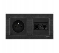 EXEN Ensemble Complet Prise Murale Simple avec Terre Type E 16A 250V Noire + Prise Informatique 1x RJ45 Cat.6 et Téléphonique 1x RJ11 Noire avec Cadre Double COMFORT Noir Cosmique - All-in-One