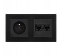 EXEN Ensemble Complet Prise Murale Simple avec Terre Type E 16A 250V Noire + Prise Informatique Double RJ45 Cat.6 Noire avec Cadre Double KARELL Noir - All-in-One