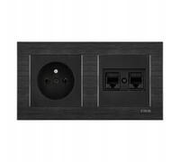 EXEN Ensemble Complet Prise Murale Simple avec Terre Type E 16A 250V Noire + Prise Informatique Double RJ45 Cat.6 Noire avec Cadre Double COMFORT Noir Cosmique - All-in-One