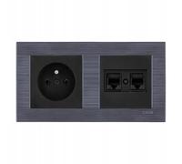 EXEN Ensemble Complet Prise Murale Simple avec Terre Type E 16A 250V Noire + Prise Informatique Double RJ45 Cat.6 Noire avec Cadre Double COMFORT Gris Magnétique - All-in-One