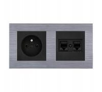 EXEN Ensemble Complet Prise Murale Simple avec Terre Type E 16A 250V Noire + Prise Informatique Double RJ45 Cat.6 Noire avec Cadre Double COMFORT Acier - All-in-One