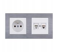 EXEN Ensemble Complet Prise Murale Simple avec Terre Type E 16A 250V + Prise Informatique 1x RJ45 Cat.6 et Téléphonique 1x RJ11 Blanche avec Cadre Double COMFORT Acier - All-in-One