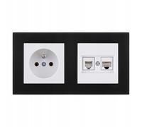 EXEN Ensemble Complet Prise Murale Simple avec Terre Type E 16A 250V + Prise Informatique 1x RJ45 Cat.6 et Téléphonique 1x RJ11 avec Cadre Double KARELL Noir - All-in-One
