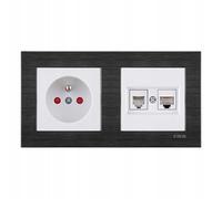 EXEN Ensemble Complet Prise Murale Simple avec Terre Type E 16A 250V + Prise Informatique 1x RJ45 Cat.6 et Téléphonique 1x RJ11 Blanche avec Cadre Double COMFORT Noir Cosmique - All-in-One