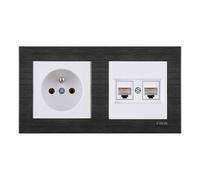 EXEN Ensemble Complet Prise Murale Simple avec Terre Type E 16A 250V + Prise Informatique Double RJ45 Cat.6 Blanche avec Cadre Double COMFORT Noir Cosmique - All-in-One