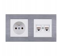 EXEN Ensemble Complet Prise Murale Simple avec Terre Type E 16A 250V + Prise Informatique Double RJ45 Cat.6 Blanche avec Cadre Double COMFORT Acier - All-in-One