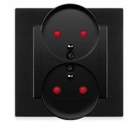 EXEN Prise Murale Double Complète avec Terre Type E 16A 250V avec Cadre Simple KARELL Noir - Ensemble Cadre 1 Poste + Prise Double avec Broche de Terre et Obturateurs de Sécurité - All-in-One