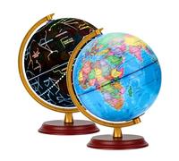 EXERZ Globe lumineux de 20 cm avec socle en bois - Carte en allemand - Globe pour étudiants - Carte politique (temps de la journée) - Constellation d'étoiles (nuit) - Lampe LED lumineuse