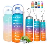 EXGO Lot 4 Gourdes Motivation 4en1 Empilables 2L 900ml 600ml 300ml, Set Bouteille Eau Sport sans BPA avec Marqueur de Temps et Paille, Gourde Étanche, Fitness, Gym, Yoga, Randonnée, Camping, Bureau