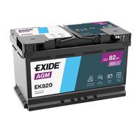 BATTERIE VOITURE EXIDE - EK820 AGM - 12V 82Ah 800A, Petite, Noir