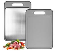 EXIN DEHCEN Planche a Decouper Inox Double Face 31x21x1 cm, Planche à Découper en Titane, Planche en Titane Cuisine, avec Rainure Presse-Ail et Fente à Jus, pour Viande, Légumes, Fruits, Pain