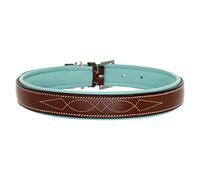 Exion Collier pour chien en cuir véritable cousu souple rembourré pour chiens de petite, moyenne et grande taille Marron chêne avec rembourrage bleu ciel 50 cm