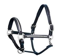 Exion Licol de cheval en cuir de luxe avec clous, couronne anatomique rembourrée confortable, muserolle et muserolle, loquet de gorge à dégagement rapide, cuir tanné végétal, noir/marron