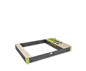 EXIT Toys Aksent Grand Bac à Sable en Bois avec Cuisine - Cuisinière Pivotante, Accessoires de Cuisine, Évier, Robinet Fonctionnel, Rangement & Banc - Pour Enfants - 100% FSC Bois de Cèdre - 200x140cm