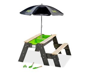 EXIT TOYS Aksent Table de Pique-Nique et Table de Sable en Bois - Table de Jeu pour Enfants dans Le Jardin - Banc, Parasol, Outils de Jardin, Bacs et Couvercle - 100% FSC Bois de Cèdre - 94x94x50cm