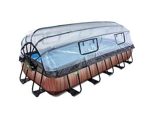 EXIT Toys Piscine Hors Sol Rectangulaire 540 x 250 x 100 cm avec Pompe à Chaleur - Piscine Tubulaire pour Famille - avec Dôme et Filtre à Sable - TÜV, CE et en 16582 - Wood - Marron