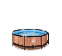 EXIT TOYS Piscine Tubulaire Wood - ø244x76cm - Piscine Hors Sol Ronde Compacte avec Pompe Filtrante à Cartouche - Entrée Basse - Idéal pour Les Jeunes Enfants - Cadre Stable - Design Unique - Marron