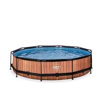 EXIT TOYS Piscine Tubulaire Wood - ø360x76cm - Piscine Hors Sol Ronde Grande avec Pompe Filtrante à Cartouche - Entrée Basse - Idéal pour Les Jeunes Enfants - Cadre Stable - Design Unique - Marron