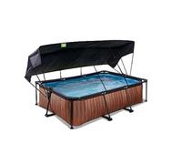 EXIT TOYS Piscine Wood avec Voile d'Ombrage - 220x150x65cm - Piscine Hors Sol Rectangulaire avec Pompe Filtrante à Cartouche - Protection Optimale Contre Les Rayons UV - Entrée Basse - Marron