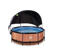 EXIT Toys Piscine Wood avec Voile d'Ombrage - ø244x76cm - Piscine Hors Sol Ronde avec Pompe Filtrante à Cartouche - Protection Optimale Contre Les Rayons UV - Entrée Basse - Design Unique - Marron