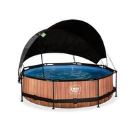 EXIT Toys Piscine Wood avec Voile d'Ombrage - ø300x76cm - Piscine Hors Sol Ronde avec Pompe Filtrante à Cartouche - Protection Optimale Contre Les Rayons UV - Entrée Basse - Design Unique - Marron