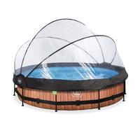 EXIT Toys Piscine Tubulaire Wood avec Dôme Multifonctionnel - ø360x76cm - Piscine Hors Sol Ronde avec Pompe Filtrante à Cartouche - Entrée Basse - pour l'eau de la Piscine Propre et Chaude - Marron