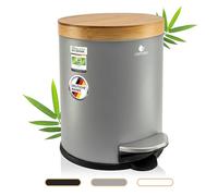 Exitoso Poubelle de salle de bain, 5 l, grise, avec couvercle en bois de bambou et système d'abaissement automatique, avec coussinet antidérapant, poubelle à pédale, poubelle de salle de bain