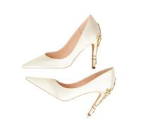 EXKURPOO Chaussures de mariage pour femmes Chaussures de ma Women's Metal Flowers High-heel Shoes Female Wedding Pointed Toe Satin Single(WHITE,41)