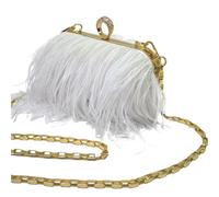 EXKURPOO Sac en Plumes Sac à main en plumes d'autruche et diamants for femme, pochette avec chaîne et anneau, sac de soirée(White)