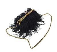 EXKURPOO Sac en Plumes Sac à main en plumes d'autruche et diamants for femme, pochette avec chaîne et anneau, sac de soirée(Black)