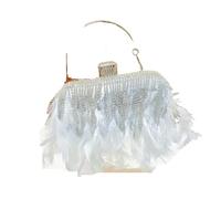 EXKURPOO Sac en Plumes Sac à main en poils d'autruche for femme, pochette de soirée cristal, strass et diamants(Silver)