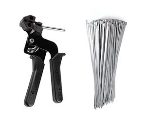 EXLECO Pistolet D'attache de Câble en avec 100 Colliers de Serrage en Acier Inoxydable 4,6 x 300mm, Pistolet à Serre-câbles Pistolet à Cravate en Métal avec Fonction de Coupe