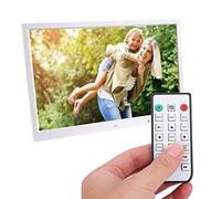 Exliy Cadre Photo Numérique avec Télécommande et Support, HD Moniteur 17" Écran Large avec Fonction de Photo/Musique/Vidéo/Calendrier/Alarme, Support USB, 3,5mm Audio Jack, Carte Mémoire 32G(Blanc)