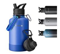 Exllena Bouteille d'eau de 2 litres avec paille, double isolation avec deux couvercles et gaine de protection en silicone, poignée en paracorde, pratique à transporter - Bleu