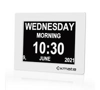 Exmate 8" Extra Horloge de réveil numérique, horloge pour démence pour personnes âgées, grand calendrier numérique, idéal pour vision compromise et perte de mémoire (blanc)